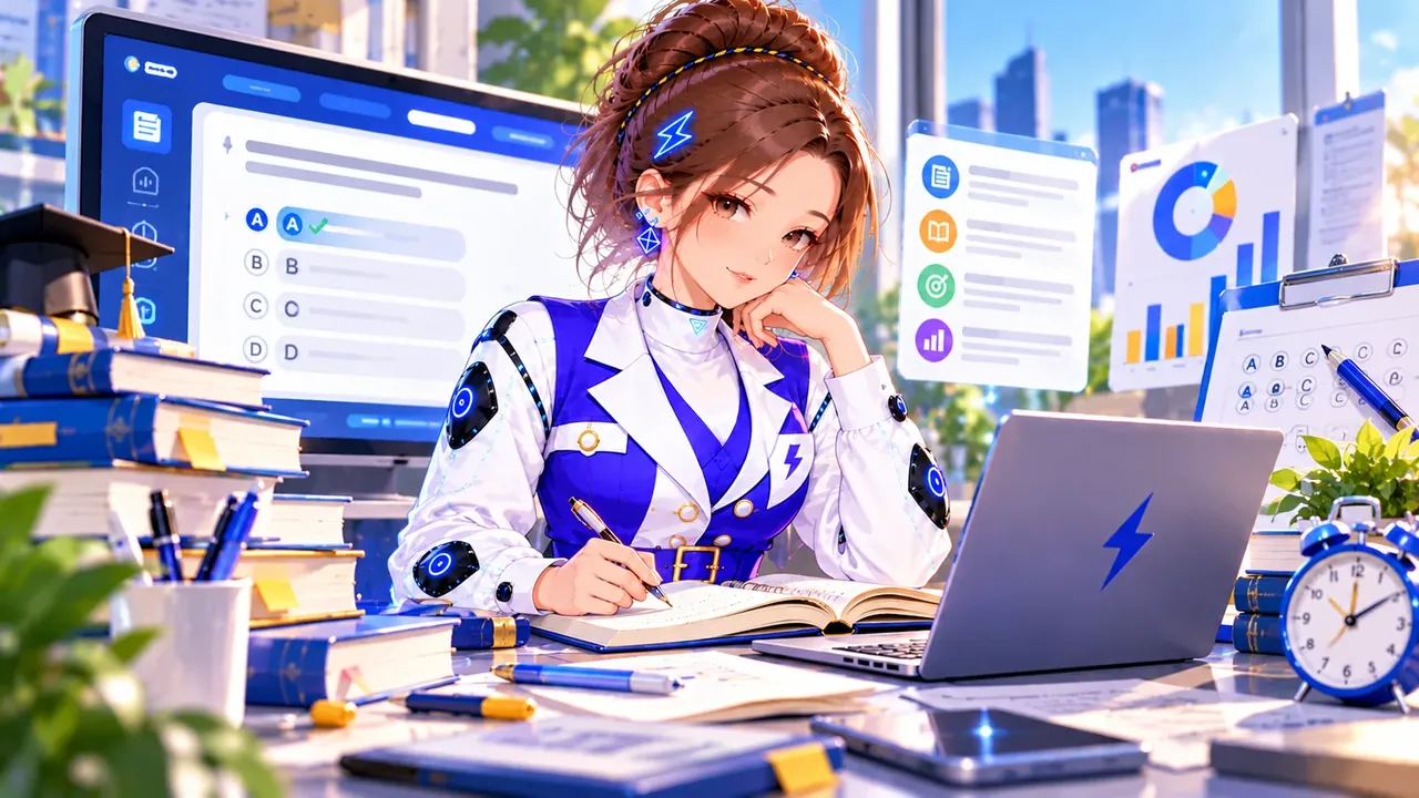 Tiny studying at a desk with a mock test on screen, books, a laptop and a clock