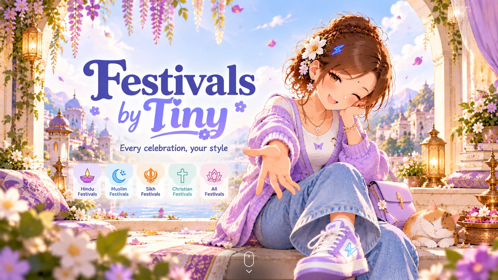 Festivals by Tiny: Tiny sits on a flower-filled terrace and invites you to explore Hindu, Muslim, Sikh, Christian and all festivals