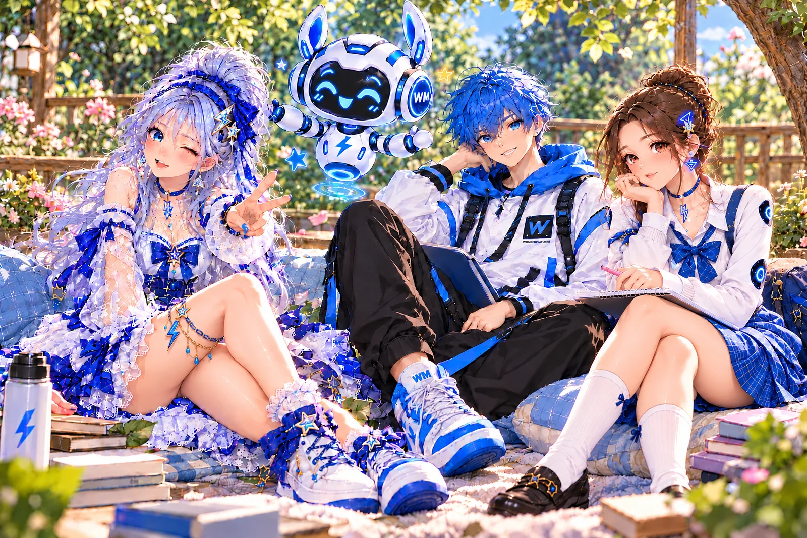 Mindmistress with her blue-haired friend, a classmate, and the floating Bubble robot studying in a garden