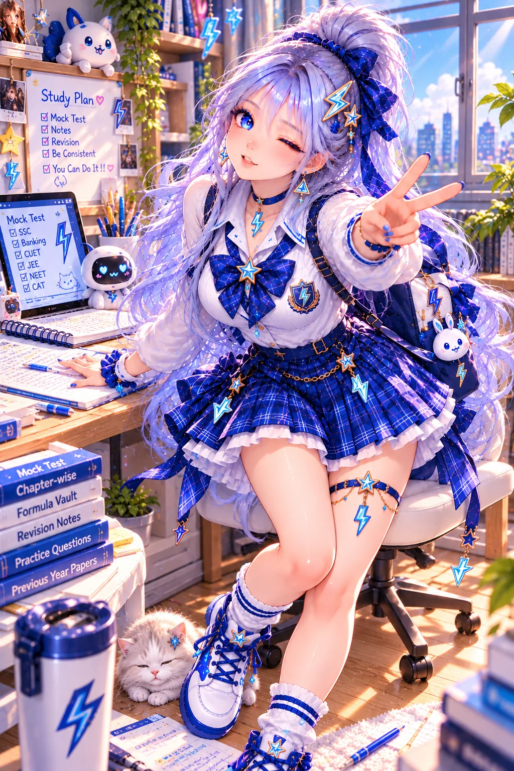 Mindmistress, the Thunder Princess, winking with a peace sign at her study desk