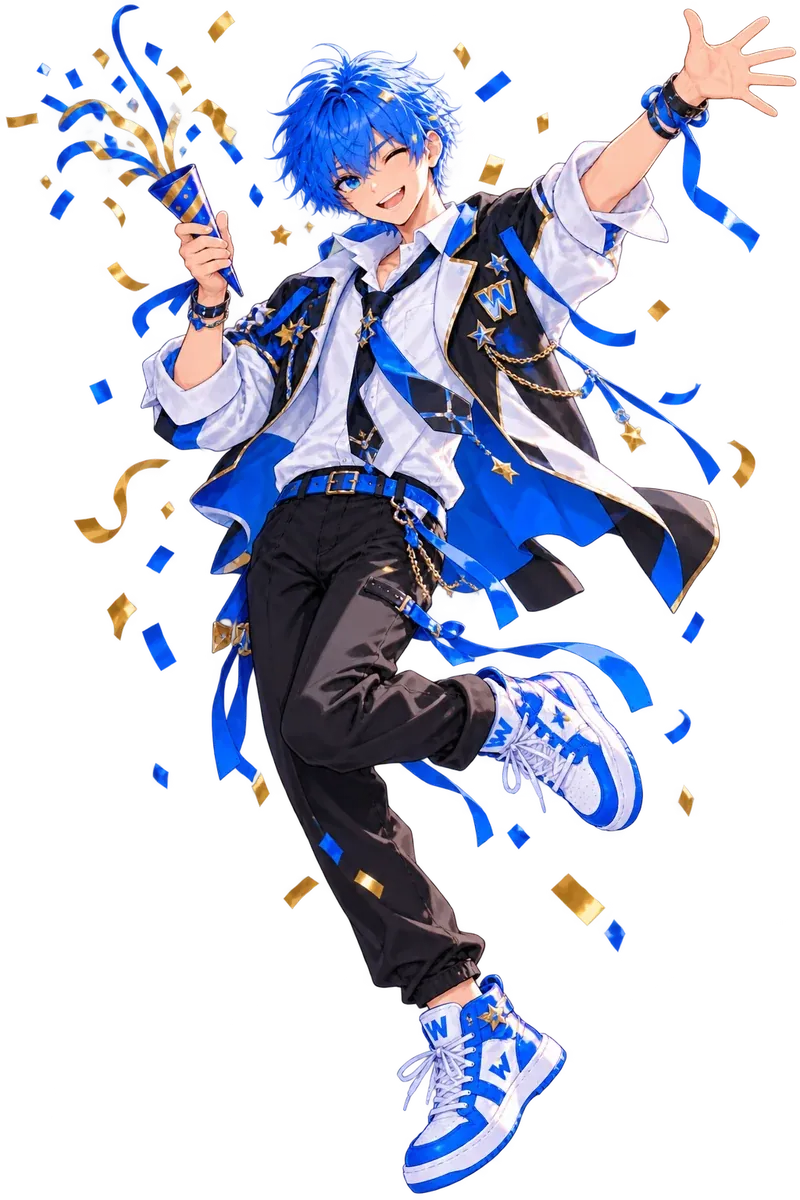 Byte in a festive black and white jacket, tossing confetti