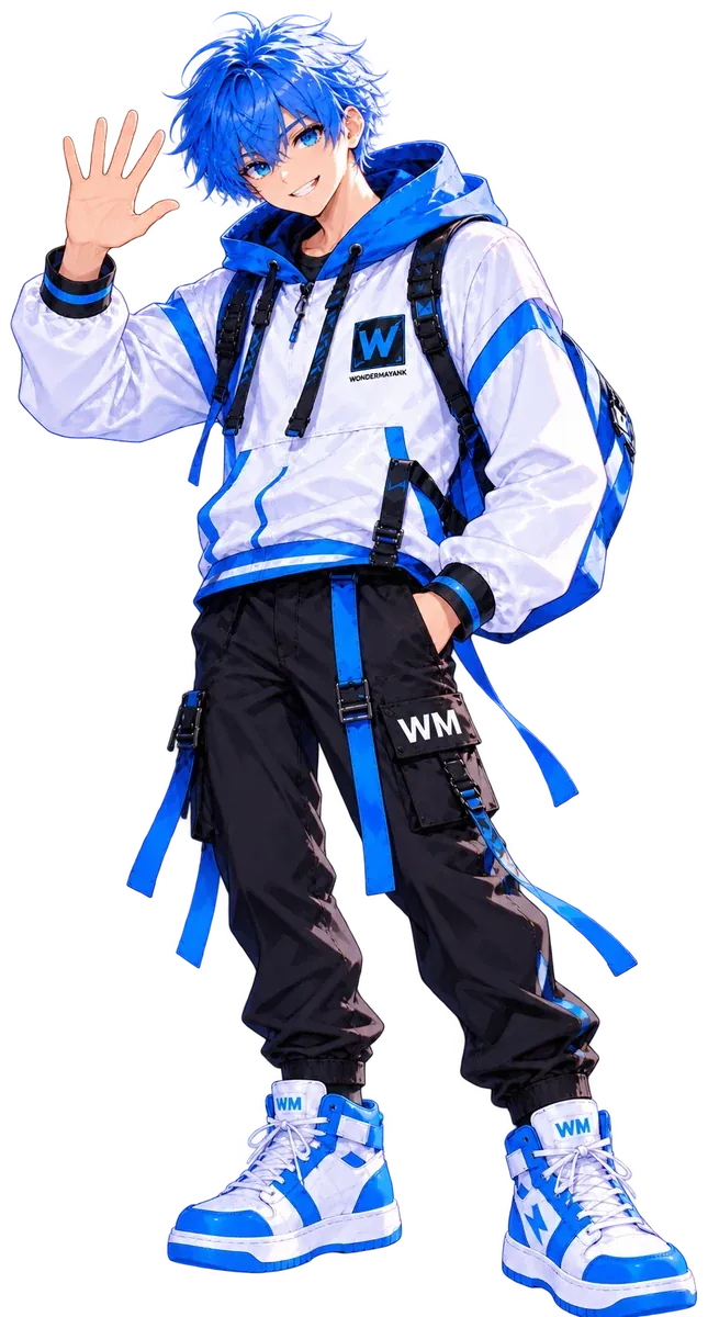 Byte waving hello in his white hoodie and black cargo pants