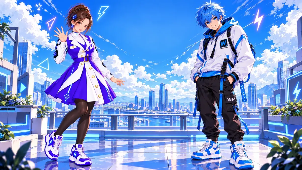Tiny waves hello on the left and Byte smiles with his hands in his pockets on the right, on a bright rooftop above a city