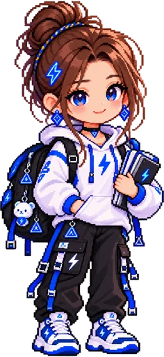 Tiny smiles while holding a notebook in pixel art