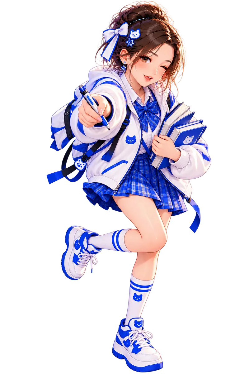 Tiny in a school uniform with a bow, holding a notebook and pen