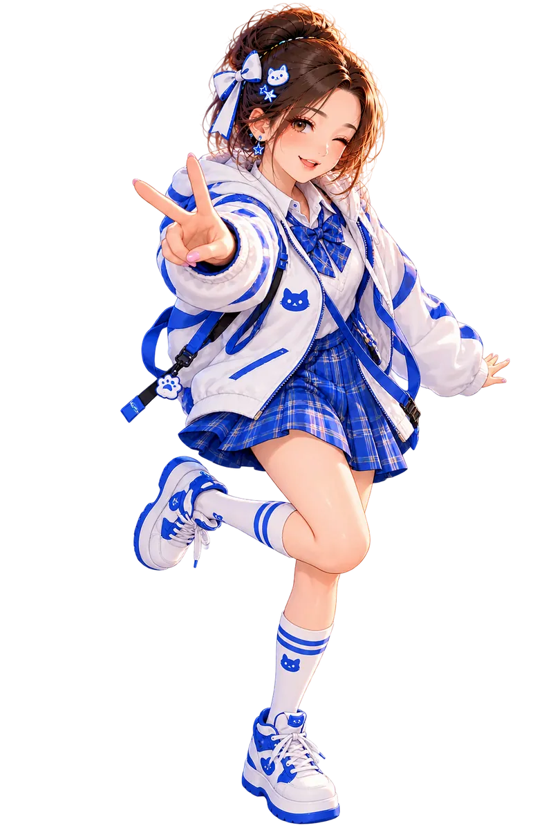 Tiny in a school uniform with a bow and plaid skirt
