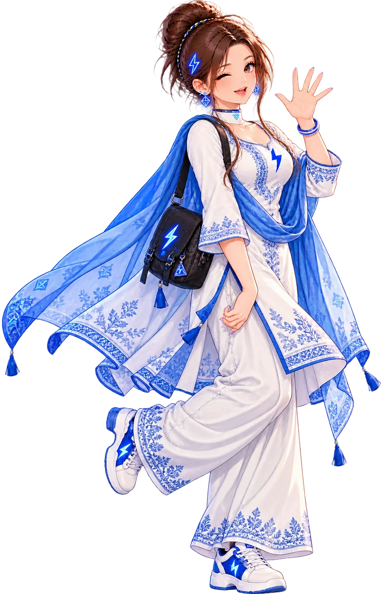 Tiny in a white and blue embroidered outfit with a dupatta
