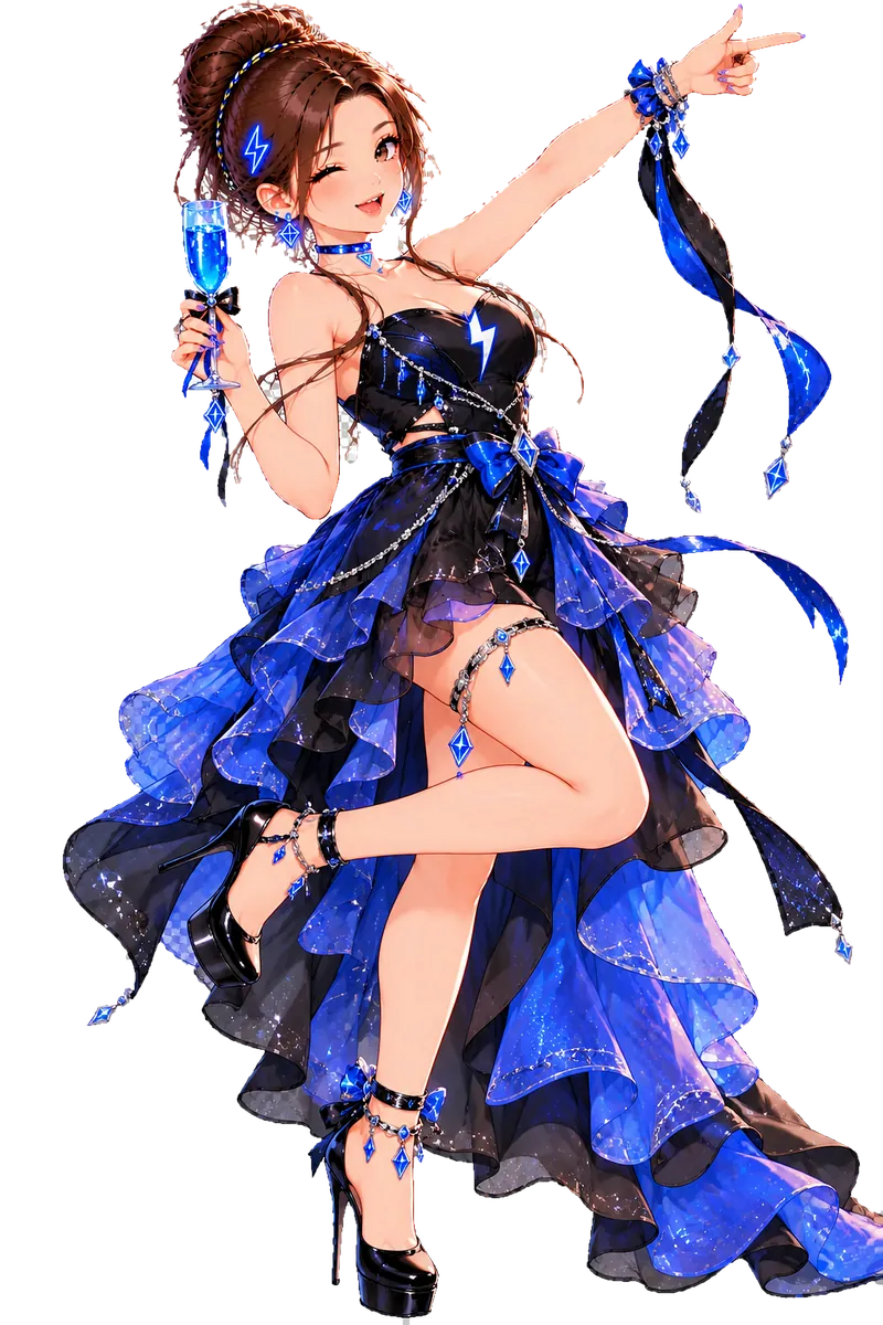 Tiny in a black and blue layered evening gown pointing to the side