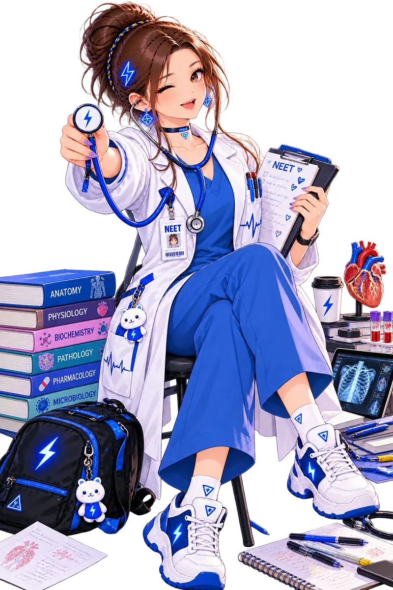Tiny in a white doctor coat with a stethoscope, sitting among medical books