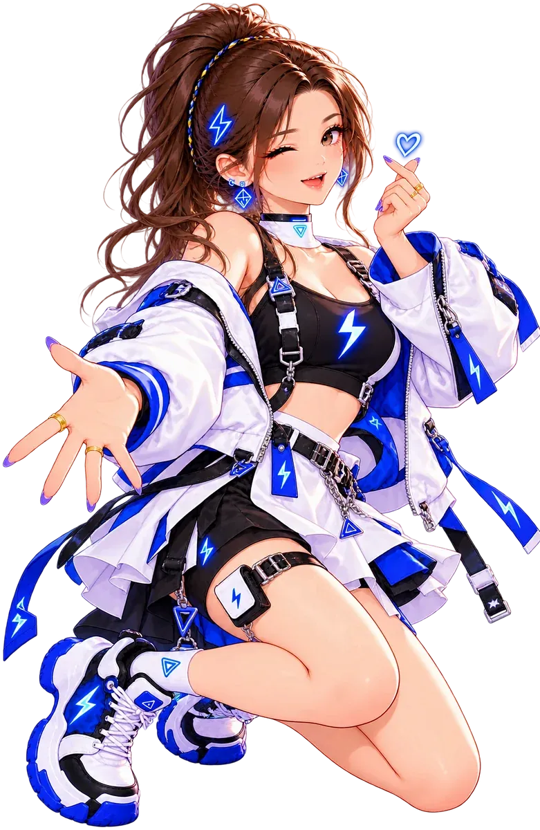 Tiny in a blue and white jacket with a black top and shorts, reaching toward the viewer