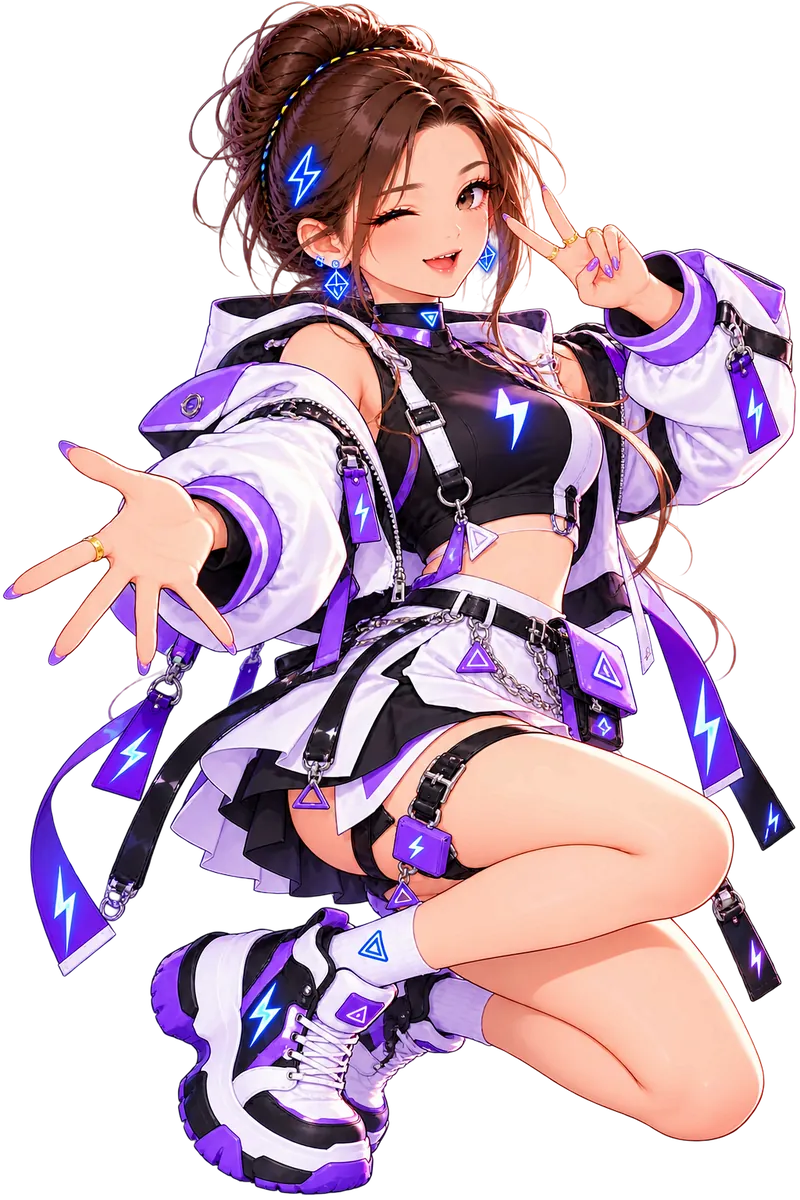 Tiny in a white jacket with purple details, black crop top and a layered skirt