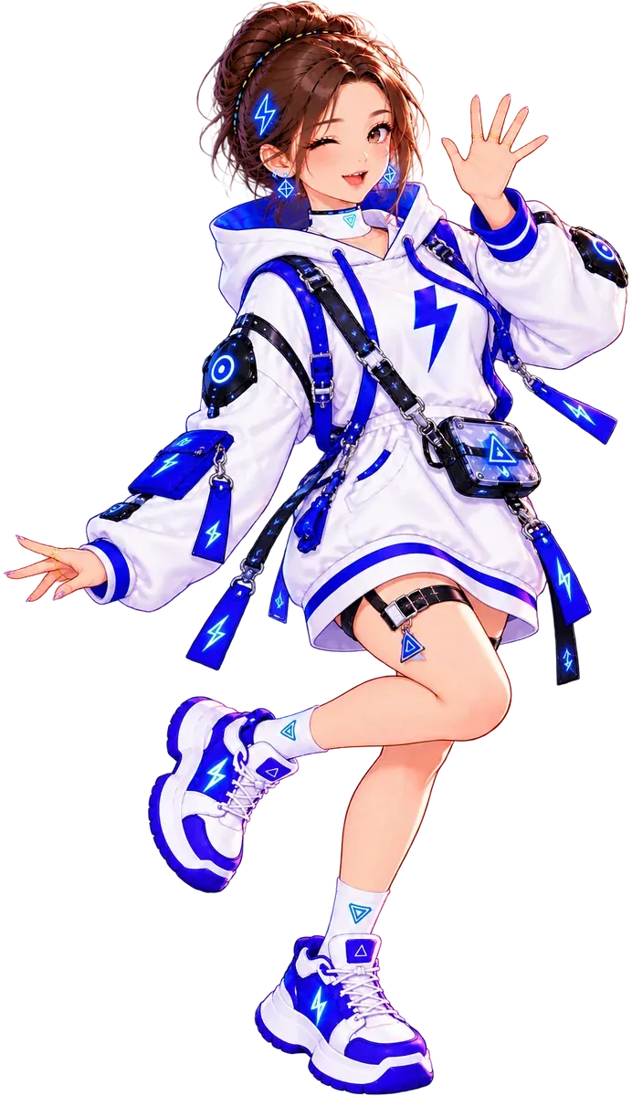 Tiny in a white jacket with lightning-bolt details